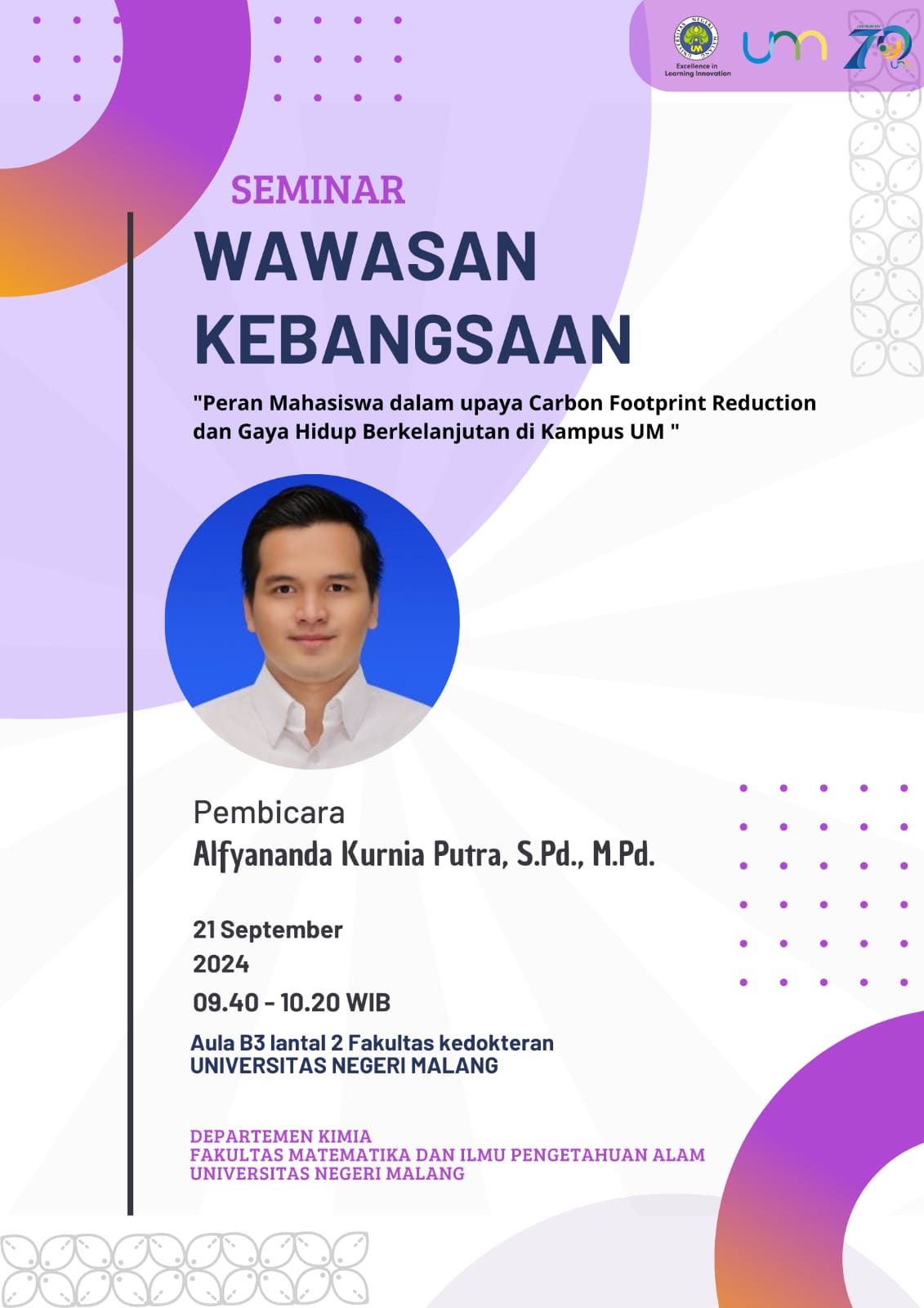 Seminar Wawasan Kebangsaan: “Peran Mahasiswa dalam Upaya Carbon Footprint Reduction dan Gaya Hidup Berkelanjutan di Kampus UM”